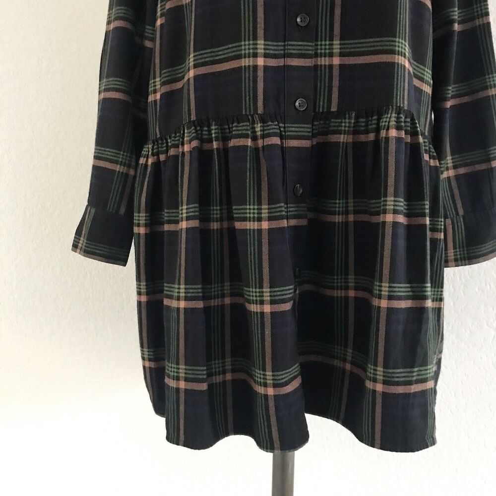 Uniqlo Navy Plaid Flannel Long Sleeve Drop Waist Casual Shirt Dress NWOT M - Picture 3 of 10